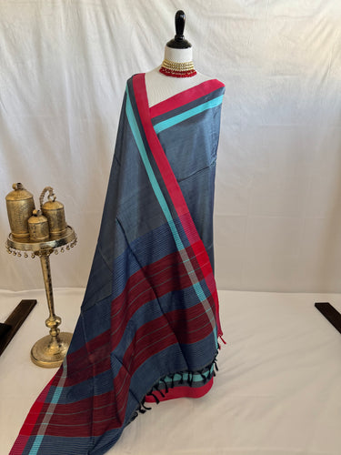 ShopNaya Exclusive | Handwoven | Pure Cotton Saree | Jamdani Weave | No Blouse | Metallic Blue Gray | Thread Work | Handloom Mark | Ships from California